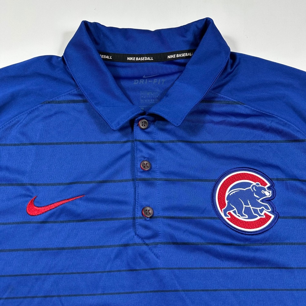 Chicago Cubs MLB Nike Polo Shirt Mens Large Dri-FIT Striped Performance Blue